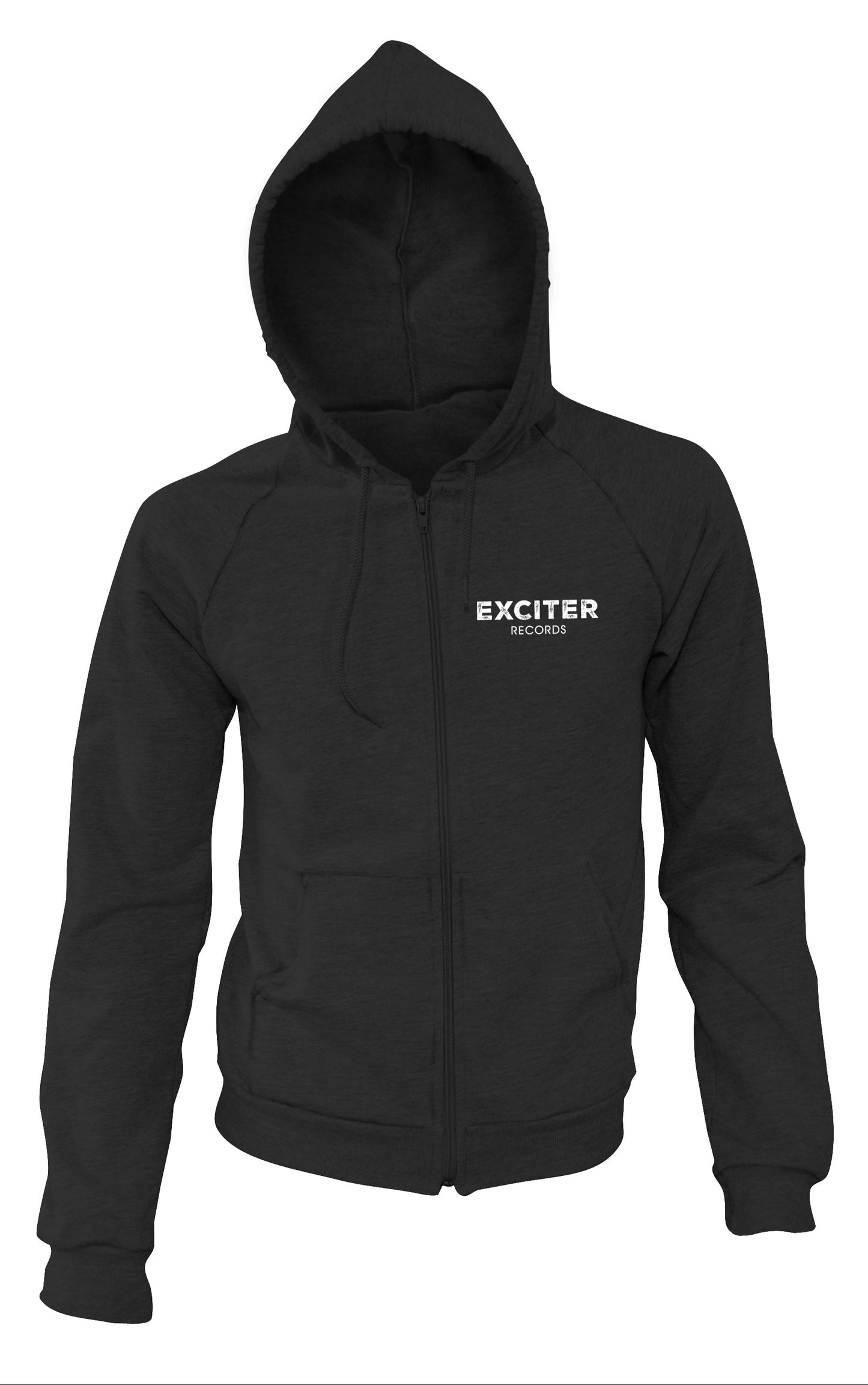 Black zip-up hoodie with EXCITER Records logo in white.