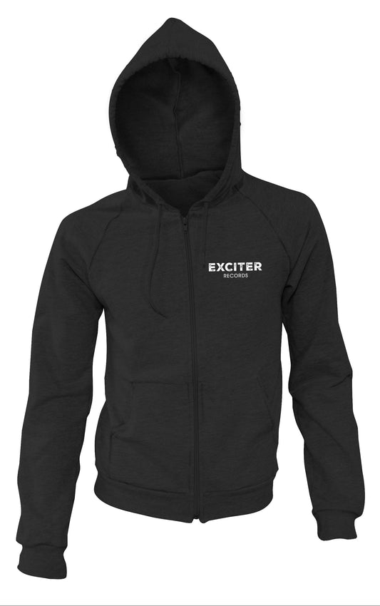 Black zip-up hoodie with EXCITER Records logo in white.